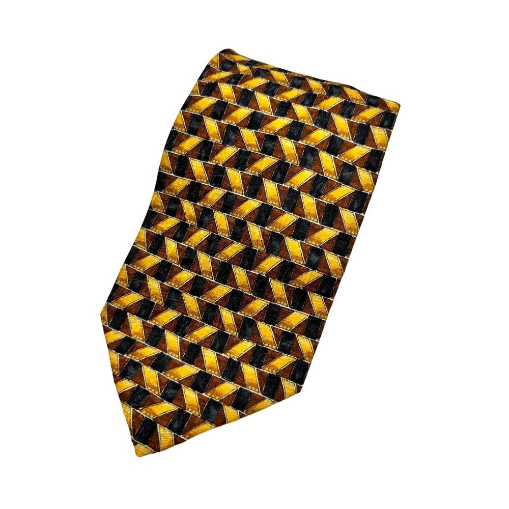 Ermenegildo Zegna Silk Tie Herringbone Geometric Pattern Italy NWT Yellow Orange